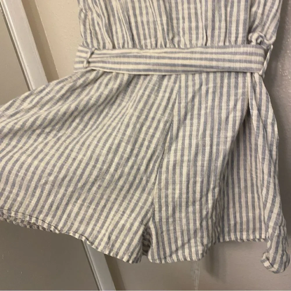 Zara Linen Blend Blue White Striped Belted Romper Button Front Coastal XS